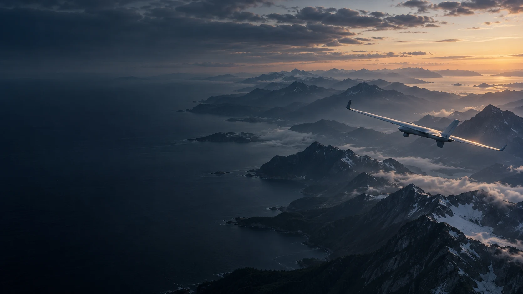 Concept imagery of an uncrewed research aircraft above coastal mountains